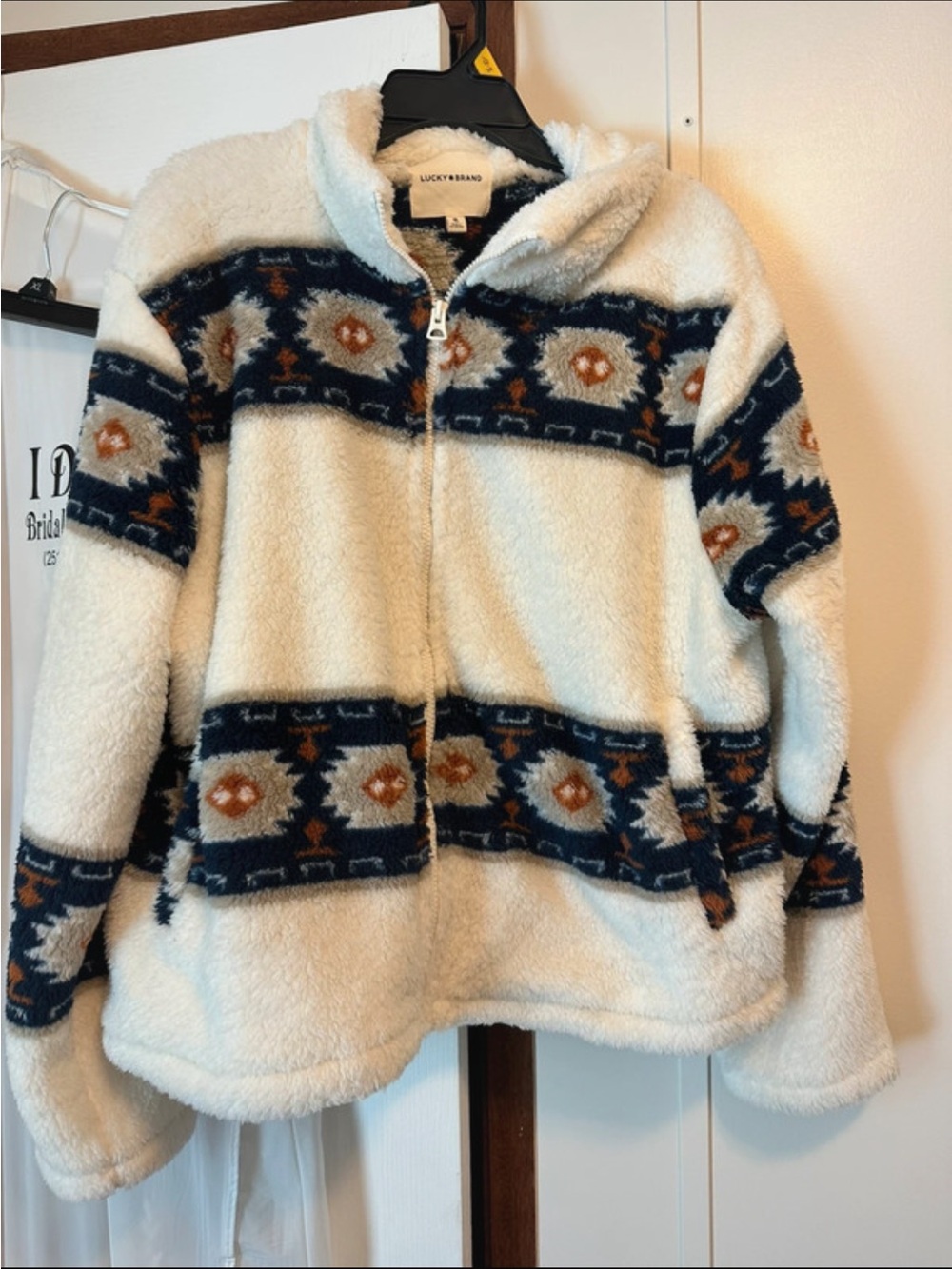 Lucky Brand Cream Sherpa Jacket with Aztec Panels